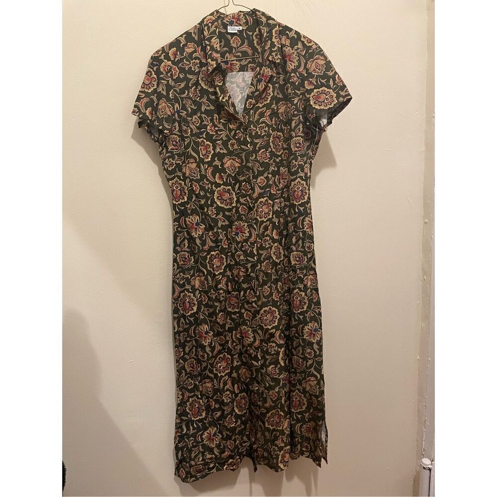 Vintage 90s 80s brown paisley floral flower 100% silk button collar dress size 8